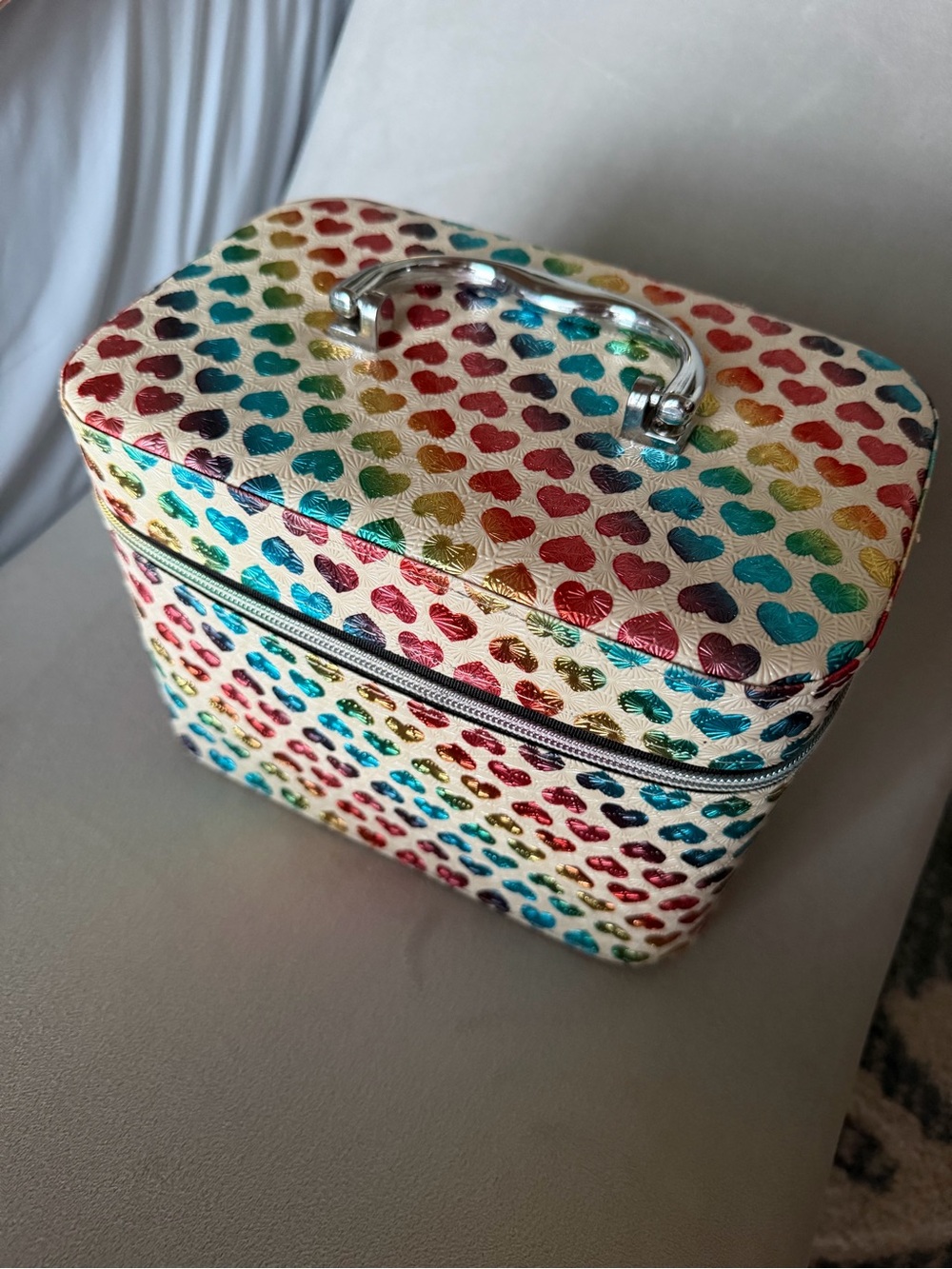 Rainbow Metallic Heart & Double Zipper Train Case Cosmetic Bag | Silver Handle